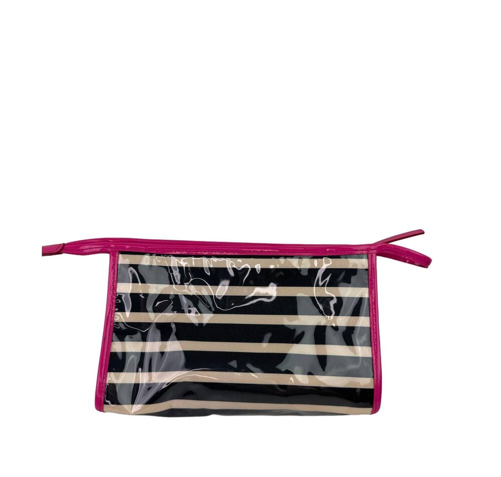 KATE SPADE Black White Stripe Pink Patent Leather Trim Zip Cosmetic Bag